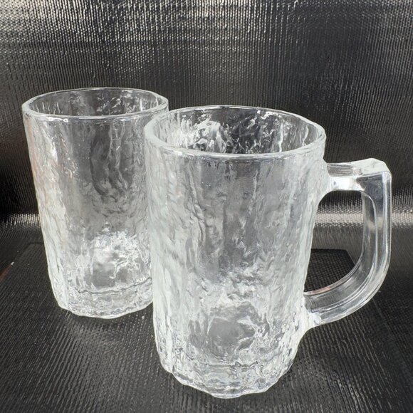 Vintage Hoya Clear Ice Texture Glass Mug Cup Set 2 Heavy Glassware Mugs Cups VTG - Picture 1 of 11